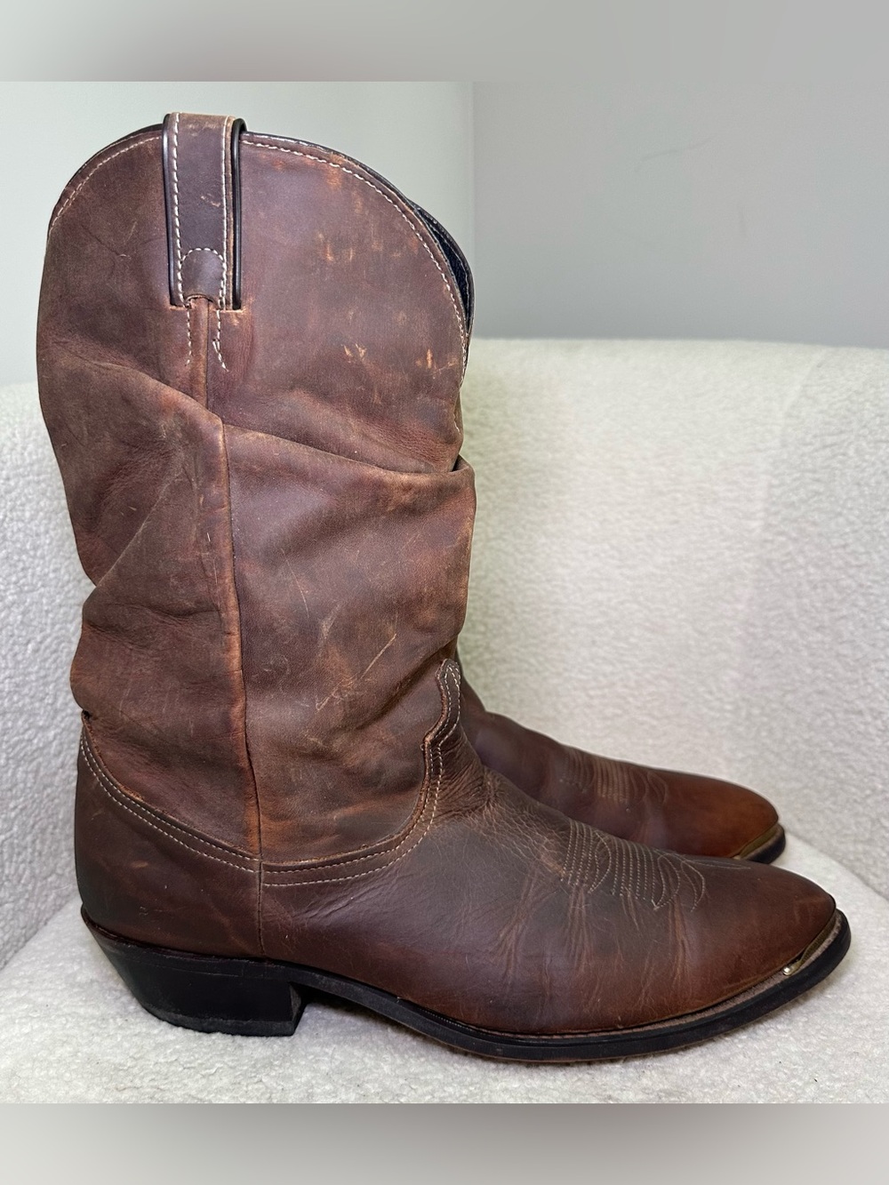 Vintage USA Brown Leather Slouch Cowboy Western Boots Pointed Toe Bohemian 13